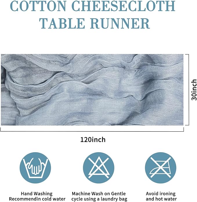 120 inch Dusty Blue Cheesecloth Table Runner - 10Ft Long Cotton Blue Gauze Runner Blue Cheese Cloth Grapy Sheer Cloth Decor for Weddings Bridal and Baby Showers Parties Decoration
