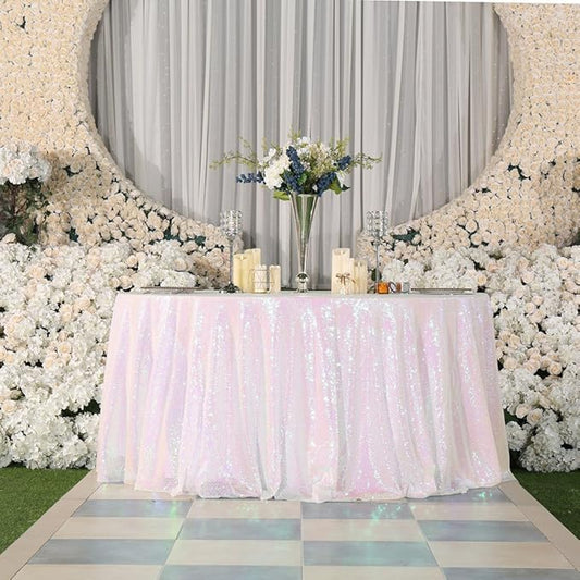 PartyDelight Iridescent Sequin Tablecloth Round 120" Table Linen for Wedding, Banquet, Party