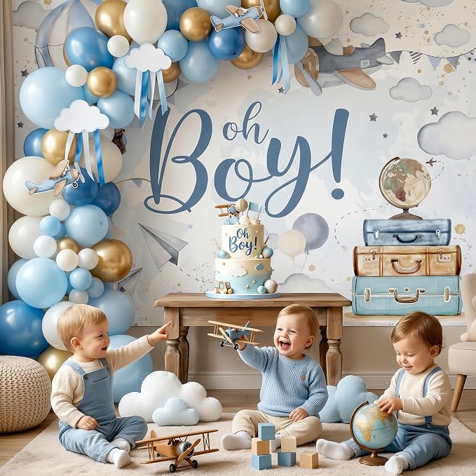 Lofaris 9x6ft Oh Boy Baby Shower Backdrop for Kids Boy Party Decoration Cloud Hot Balloon Adventure Begins Travel Around The World Airplane Up Up and Away Photography Background Banner Photo Booth
