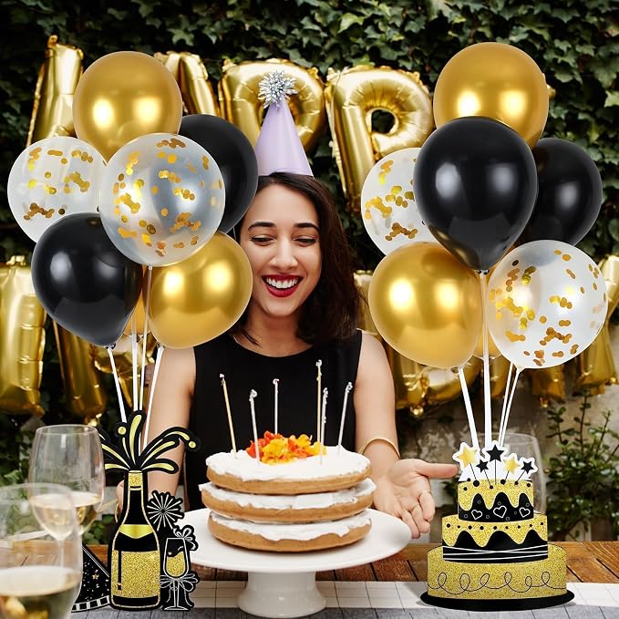 6 Sets Birthday Balloon Stand Kit for Table Happy Birthday Black Gold Balloon Centerpiece Decor Black and Gold Balloon Stand Kit for 40th 50th 60th 70th Birthday Party Decoration