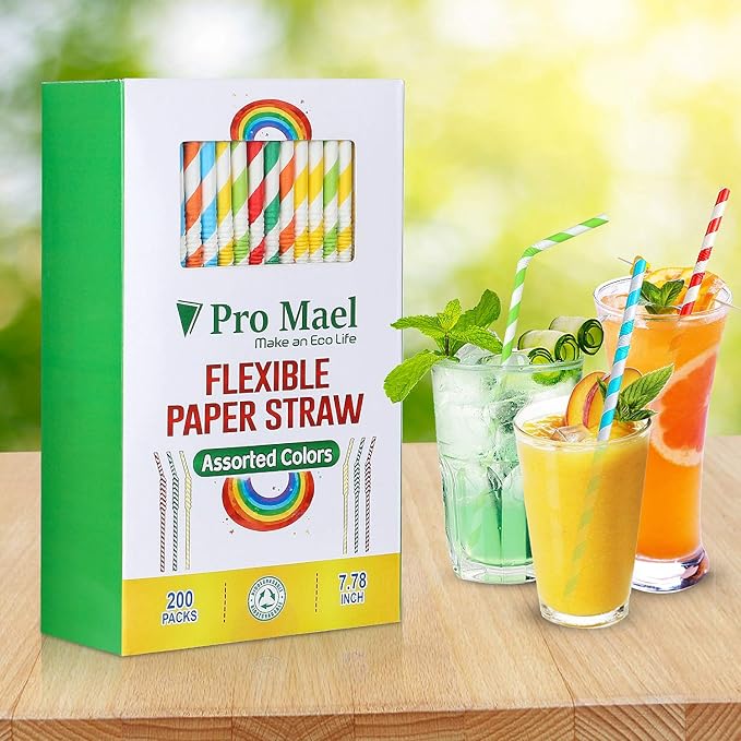 Pro Mael Paper Drinking Straws, Flexible Straws for Juices, Shakes, Smoothies, Disposable Straw for Birthdays, Weddings & Party (200 Pack, Assorted Colors)