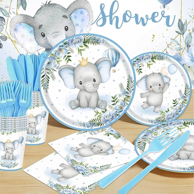 Elephant Baby Boy Shower Party Supplies - 175pcs Blue Elephant Party Decorations Paper Plates Napkins Cups and Utensils Tableware Sets Blue Floral Theme Birthday Party Tableware Set