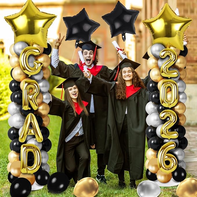 2 Sets Graduation Balloon Column Stand Kits with Balloons 2026 Grad Themed Decoration Navy Blue Balloon Tower Stand Kit for Grad High School & College Celebration Party Decor (Black Gold, 2)