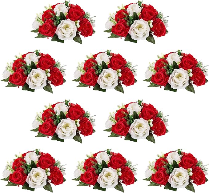 NUPTIO Flower Balls Centerpieces for Wedding Tables, Red & White Roses | 10 Pcs Artificial Silk Floral Arrangements, for Birthday Party, Housewarming, Thanksgivng, Christmas Decorations