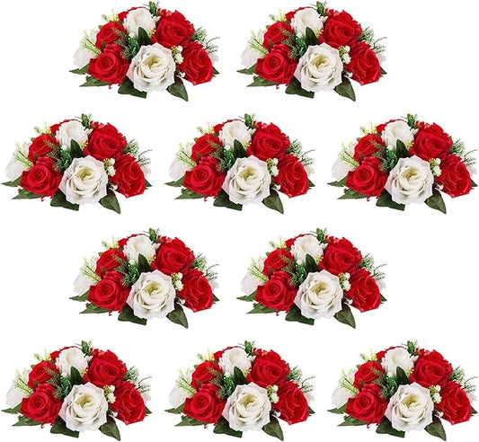 NUPTIO Flower Balls Centerpieces for Wedding Tables, Red & White Roses | 10 Pcs Artificial Silk Floral Arrangements, for Birthday Party, Housewarming, Thanksgivng, Christmas Decorations