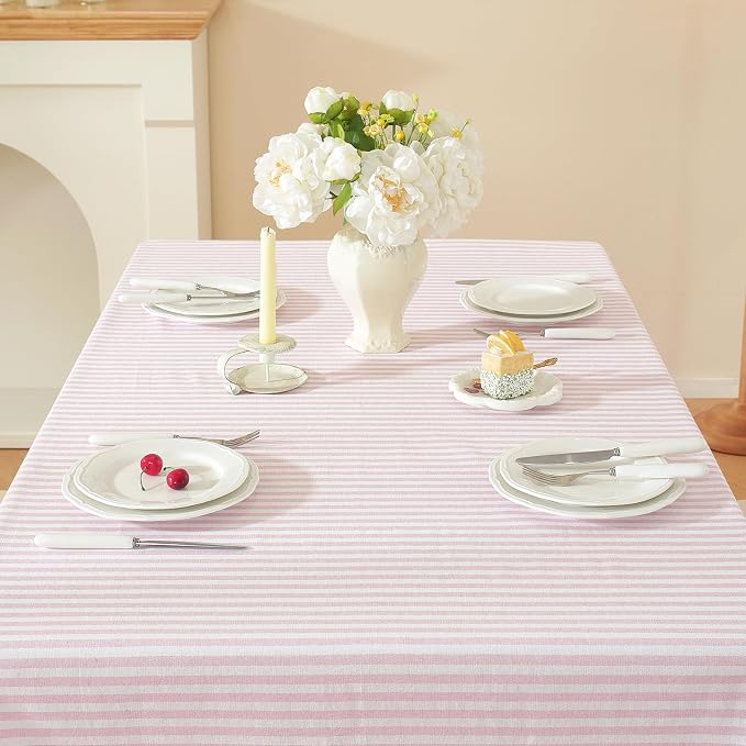 meioro Striped Rectangle Tablecloth, Cotton Blend Fabric Pink Table Cloth with Tassel, Washable Wrinkle Free Table Cover Boho Picnic Tablecloths for Valentines Day Kitchen Dining - 60 x 84 Inch