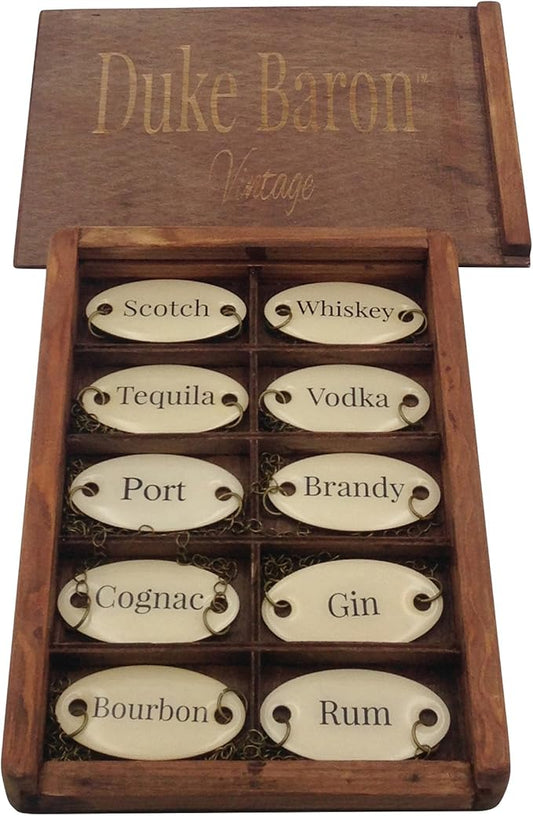 Duke Baron Ultimate Vintage Decater Tag Set of 10 Style Decanter Labels in Gift Box, Antique White/Brass