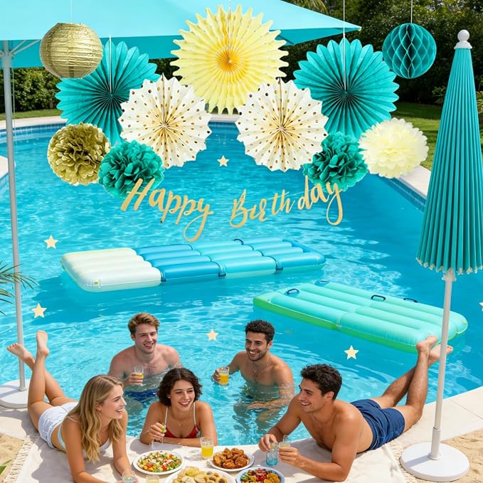 SUNBEAUTY Teal and Gold Party Decorations Teal Birthday Decorations for Women Teal Blue Hanging Paper Fans Tissue Pom Poms Happy Birthday Banner for Baby Showers Wedding Engagement Party