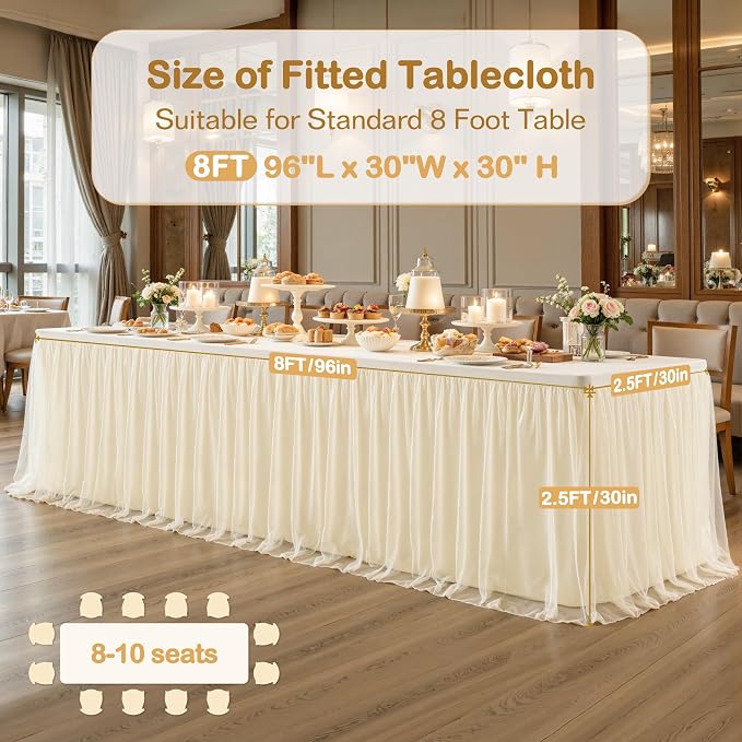 2 Pack Champagne Tulle Tablecloth with Skirt for 8 Foot Rectangle Tables, Party Ruffle Tutu Table Skirt Stretch Fitted Table Covers for Baby Shower Wedding Reception Bridal Shower Birthday Banquet