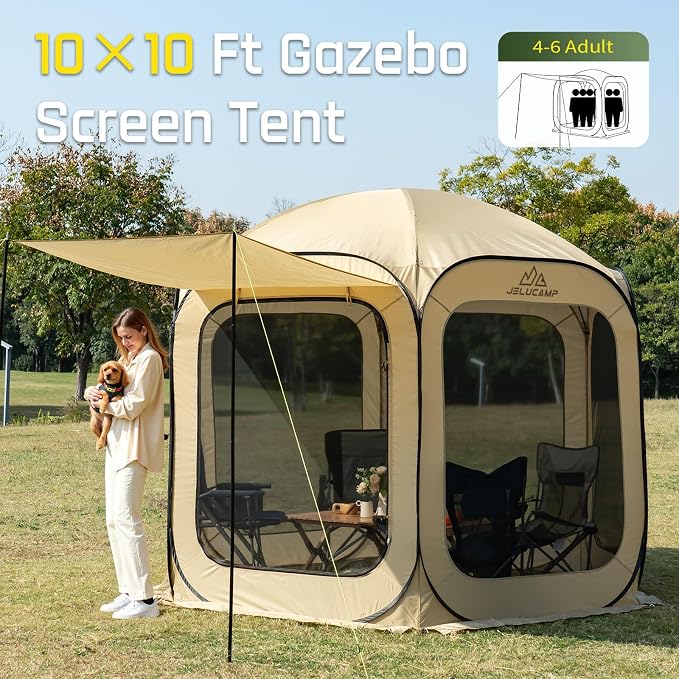 JELUCAMP 10x10 FT Pop Up Screen House Tent - Instant Screened Gazebo Canopy with Mosquito Net, Portable Backyard Tent for 4-6 People, Easy Setup Patio Shelter for Camping, BBQ, Sports & Outdoor