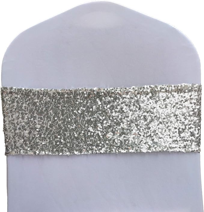 High Elastic Sequin Chair Sashes Bands for Wedding Party Decoration Soft Sashes, Shining Sequin Chair Bows for Party Decoration Home (50PCS, Silver1)