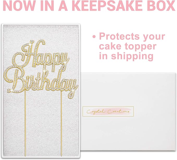 Happy Birthday Cake Topper - Premium Gold Metal - Happy Birthday Party Sparkly Rhinestone Decoration Makes a Great Centerpiece - Now Protected in a Box