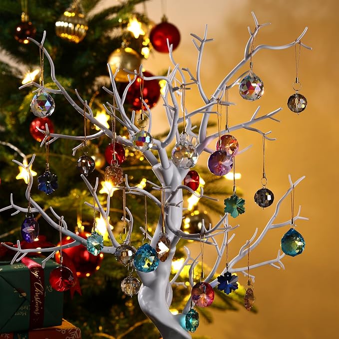 XunYee 36 Pcs Crystal Glass Christmas Balls Ornaments, 1.18" Mini Hanging Crystal Prism Xmas Tree Decorations Pendants for Home Wedding Birthday Party Holiday Decorations(Multi Color,Mixed Styles)