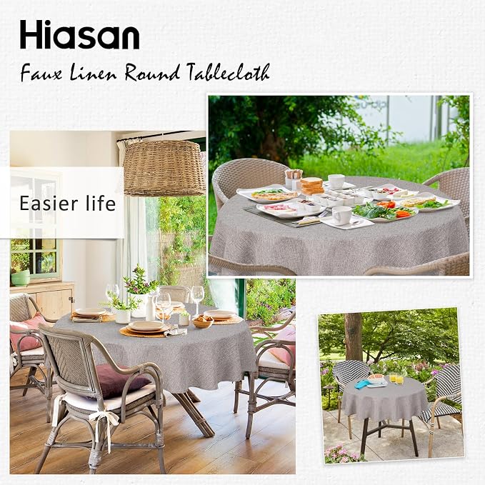 Hiasan 54 Inch Round Table Cloth Linen Textured Farmhouse Tablecloth - Wrinkle and Stain Resistant Washable Polyester Fabric Table Cover for Dining Room Kitchen Party, Stone