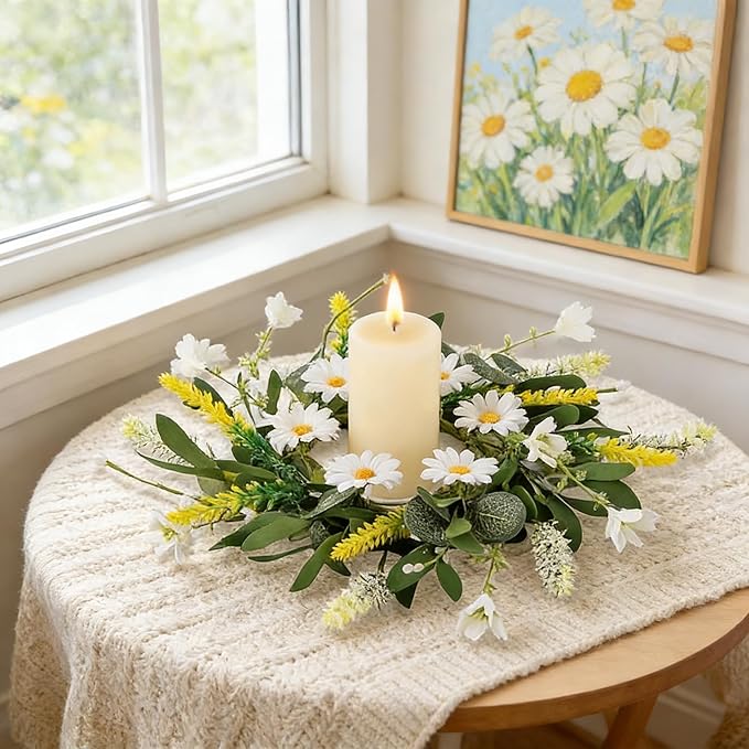 6 Pcs Artificial Spring Summer Swag Wreaths Mini White Daisy Floral Wreath Farmhouse Kitchen Cabinet Wreath Hanging Flowers Wreaths for Front Door Indoor Outdoor Home Decor Festival Celebrations