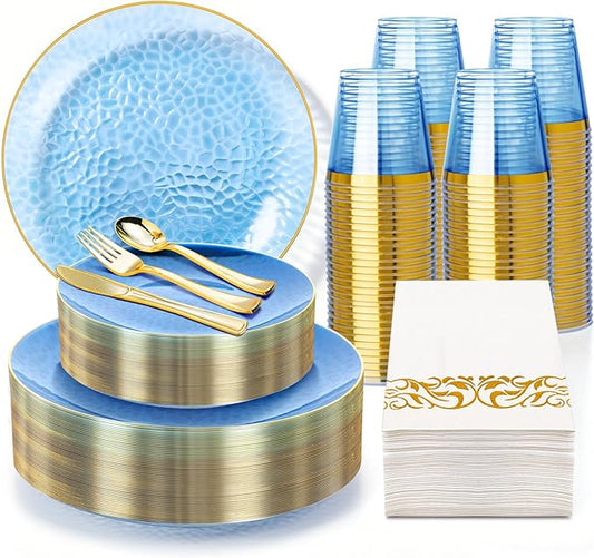 350PCS Blue Plastic Dinnerware Set, Blue and Gold Plastic Plates, Include 100 Plastic Plates, 150 Gold Disposable Silverware, 50 Cups and 50 Napkins for Party and Wedding