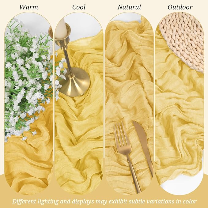 10 Pack Cheesecloth Table Runner Gold, Rustic Boho Gauze Fabric Table Runner Romantic Table Runner for Wedding, Festival, Birthday, Anniversary, Dinner and Outdoor Events (17.7 x 108 inch)