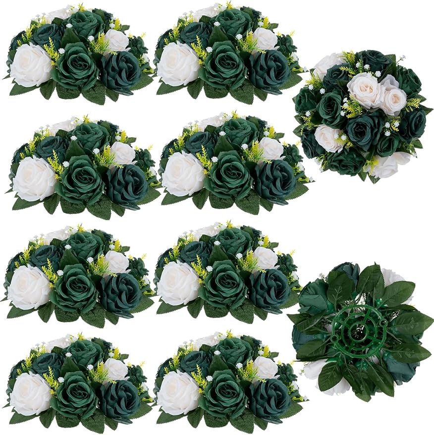 BLOSMON Green Flowers Artificial for Weddings: 10 Pcs Fake Rose Flower Balls for St Patricks Day Table Decorations - Fake Silk Kissing Bouquet Floral Arrangement for Home Party Event Decoration