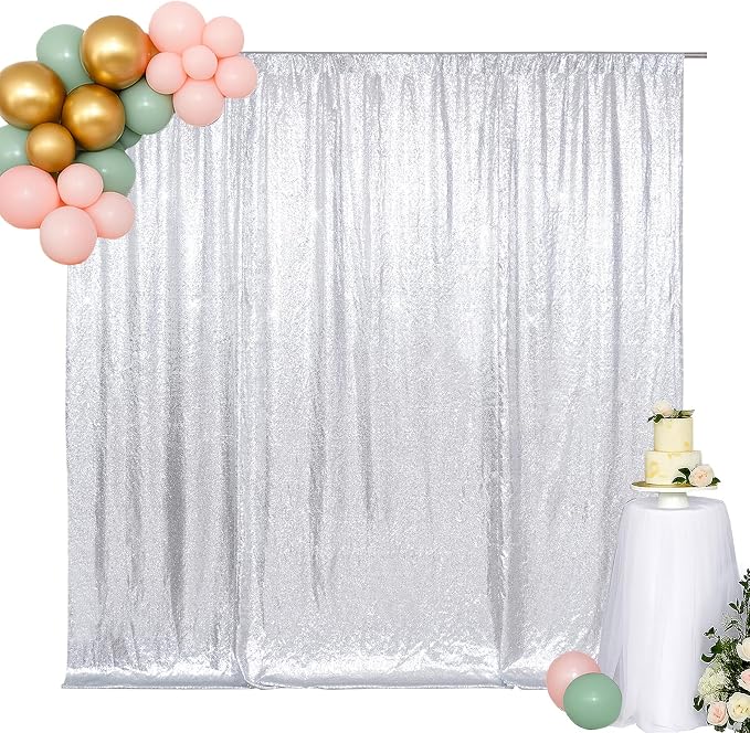 SquarePie 6x8ft Silver Sequin Backdrop for Photography, Satin-Backed Real Sequin Curtain, Enhanced Coverage Shimmering Background with 4" Rod Pocket for Wedding, Birthday, Party Decor, 1 Panel
