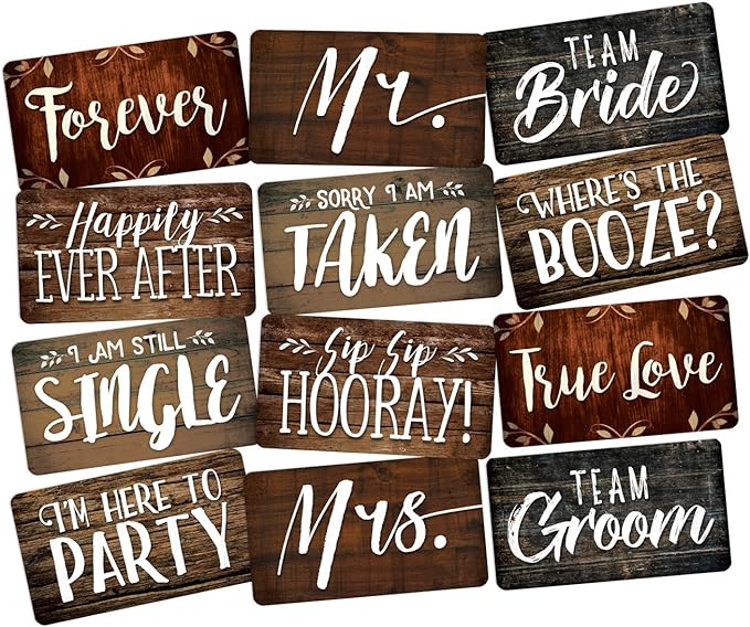 KING PROPS Rustic Photo Booth Props – 6 Double‑Sided Wedding Party Sign Cutouts for DIY Photo Booth, Bridal Shower & Reception Guests