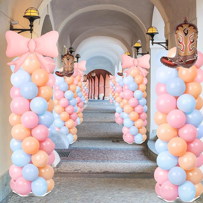 2 Sets Boots or Bows Gender Reveal Decoration Balloon Column Stand Kit with 102 Blue Pink Balloons 5.57ft Balloon Tower Stand with Base Arch for Western Cowgirl Cowboy Baby Shower Party Decor Supplies