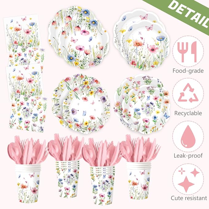 Ceenna 390 Pcs Wildflower Party Supplies for 48, Spring Floral Paper Plates Napkins Cups Tablecloth Cutlery Disposable Tableware Set for Tea Party Baby Shower Birthday Wedding Mother's Day Decoration