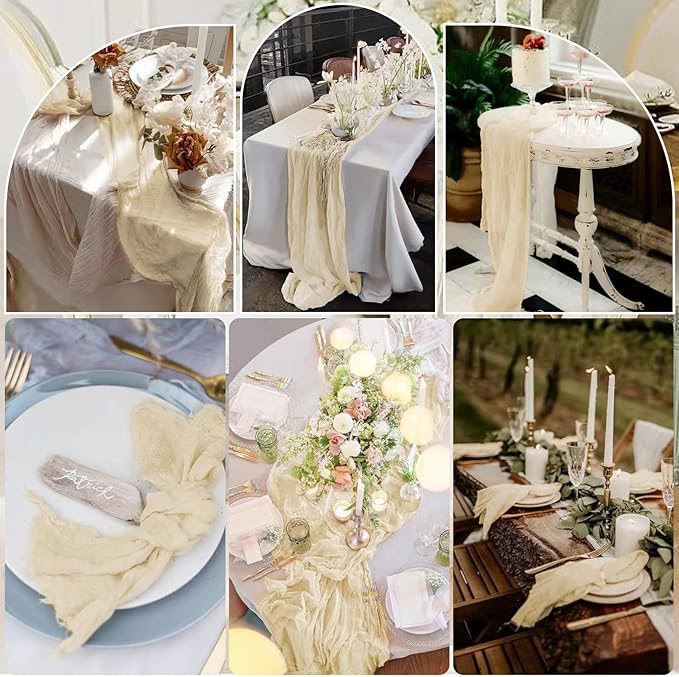 10 Pcs Ivory Cheesecloth Table Runner 10FT, Gauze Table Runner for Wedding Reception Sheer Bridal Shower Birthday Party Boho Table Decoration, Rustic Romantic Wedding Runner