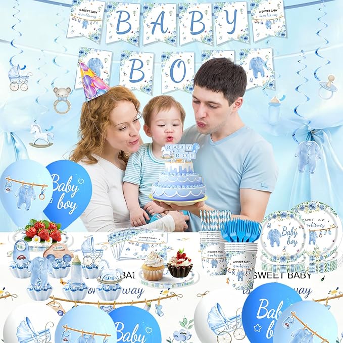 220 Pcs Blue Baby Shower Decorations 25 Guest All-in-One Party Supplies Kit with Disposable Tableware, Balloons, Hanging Swirl, Banner, Cake Toppper, Tablecloth for Baby Shower Decor