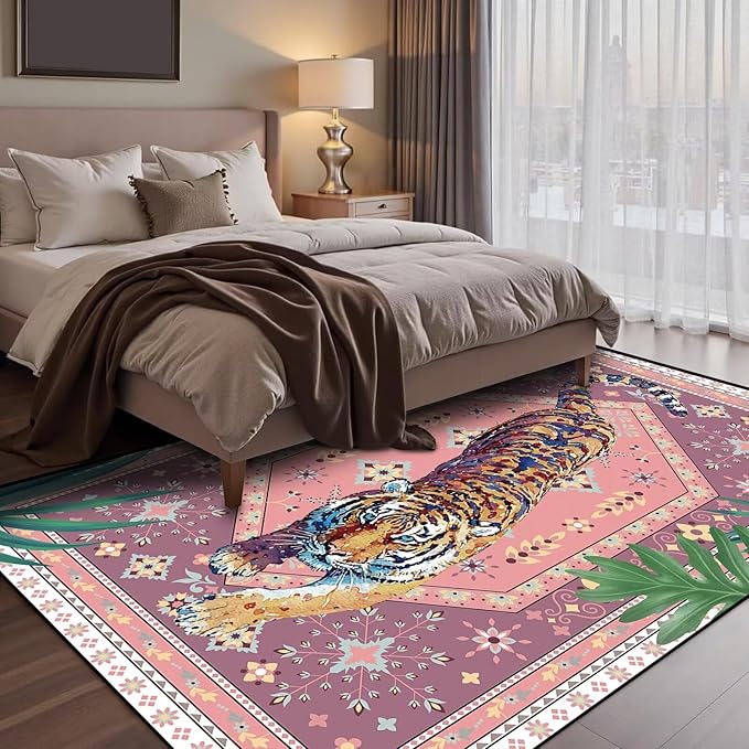 6' x 9' Pink Rug Tiger Floor Mat Bohemian Vintage Tropical Jungle Carpet Modern Indoor Living Dining Room Bedroom Porch Playroom Nursery Doormat Room Decor