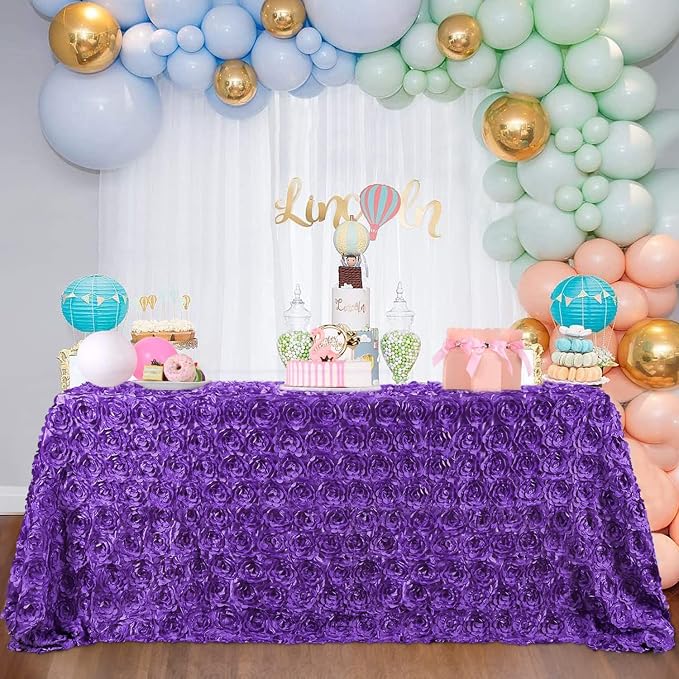 B-COOL Purple Rosette Tablecloth 90x156 Inch 3D Floral Table Overlay for Baby Shower Brithday Holiday Engagement Table Decorations Wedding Party Linens