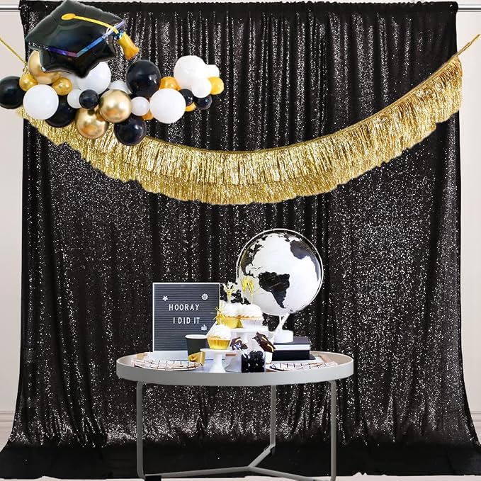 PartyDelight Black Sequin Backdrop 6x8ft 4 Inch Rod Pocket | Dense 3mm sequins on mesh backing with 4 inch rod pocket for full body photos ceremony arches party walls and stage displays