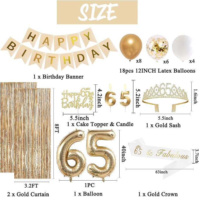 Trgowaul 65th Birthday Decorations for Women, Banner, Sash and Crown, Cake Topper, 65 Number Balloon, Fringe Curtains, Champagne Gold 65th Birthday Party Supplies