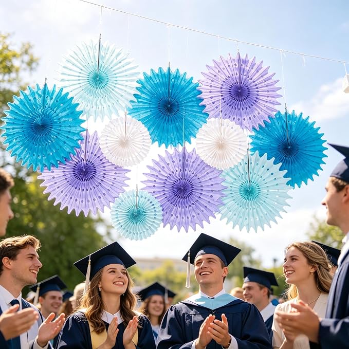 SUNBEAUTY Pack of 11 Purple Lavender Blue Hanging Honeycomb Paper Fans Decoration Mermaid Theme Tissue Paper Fan Garland for Baby Shower Girl Kid Birthday Under The Sea Wedding Party Supplies