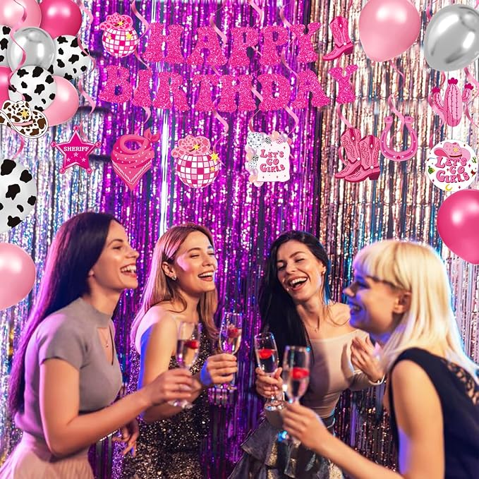 Cowgirl Birthday Party Decorations – Plates, Napkins, Cups, Banner, Hanging Swirls, Tablecloths, Balloons, Cake & Cupcake Toppers, Honeycomb Centerpieces – Disco Cowgirl Party Decorations, Serves 24