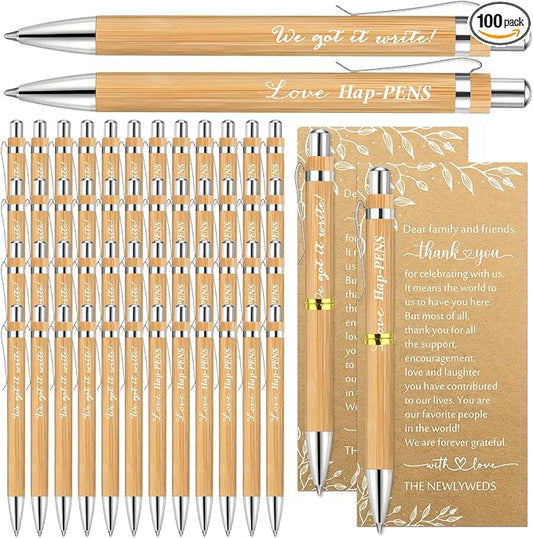Affrolling 100 Sets Wedding Favors for Guests, Bamboo Pen Set with Thank You Cards, Guest Book & Sign In Table Pen Favors, Bridal Shower Party Favor Pens Bulk