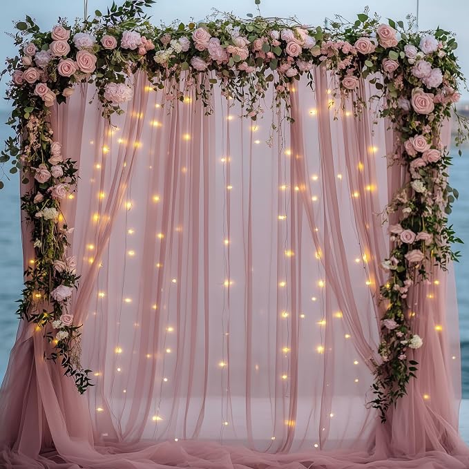 Fomcet Dusty Rose Tulle Backdrop Curtains with Lights String 10FT X 10FT Sheer Curtains with Lights Tulle Curtain Backdrop for Wedding Birthday Party Photo Shoot (2 Panels 5x10FT)