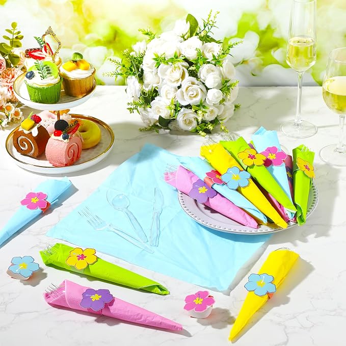 200 Pcs Pre Rolled Summer Floral Napkin Cutlery Set Disposable Colorful Plastic Cutlery Set with Knives Forks Spoons Napkins Napkin Rings for Summer Hawaiian Luau Floral Hibiscus Party Supplies