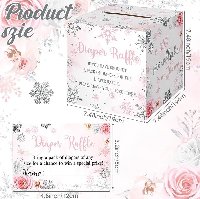 Teling 51 Pieces Diaper Raffle Tickets with Card Box Baby Shower Decorations Baby Shower Holder Box for Girl Boy Diaper Raffle Party(Pink Snowflake)