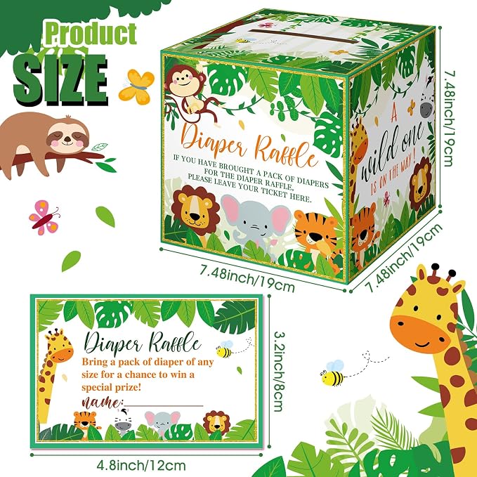 Teling 51 Pieces Diaper Raffle Tickets with Card Box Baby Shower Decorations Baby Shower Holder Box for Girl Boy Diaper Raffle Party(Jungle Animal)