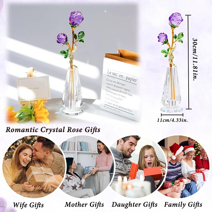 YWHL Handmade Purple Rose Flower Crystal Figurine with Vase, Bouquet Glass Flowers Ornament Rose Gifts for Wife Women, Crystal Flower Home Table Decor for Anniversary Mother's Day Wedding