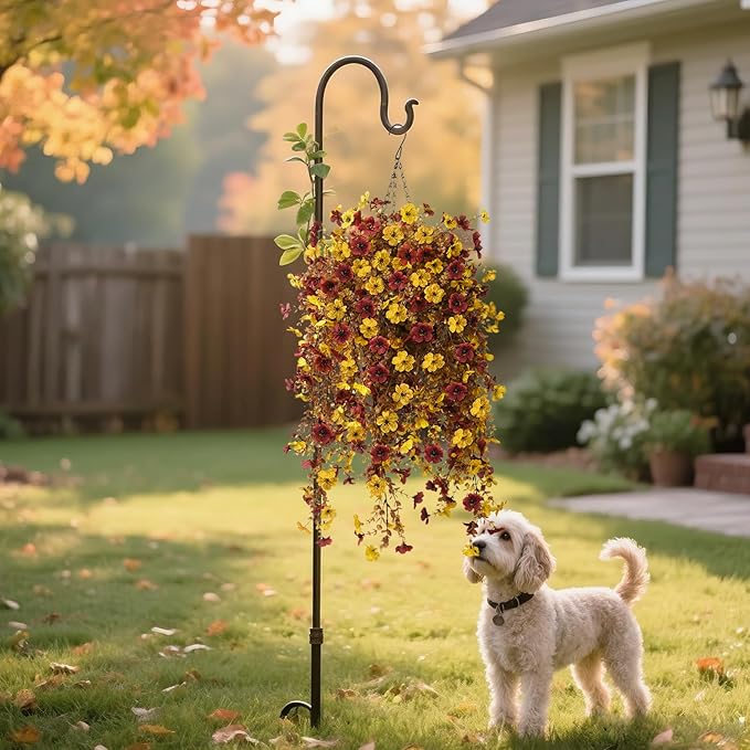 Homsunny Fall Artificial Faux Mums Hanging Flowers Plants Basket for Outdoor Decoration,Fake Silk Daisy planters UV Resistant Look Real for Home Porch Patio Balcony Yard Autumn Decor (Yellow Brown)