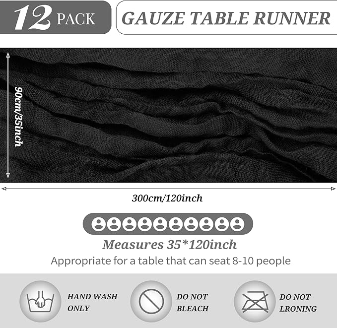 12 Pack Cheesecloth Table Runner 10FT, Boho Gauze Table Runner, Semi-Sheer Table Runners Rustic Wedding Table Decor, Bridal Shower, Birthday Party, Romantic Wedding Runner (Black)