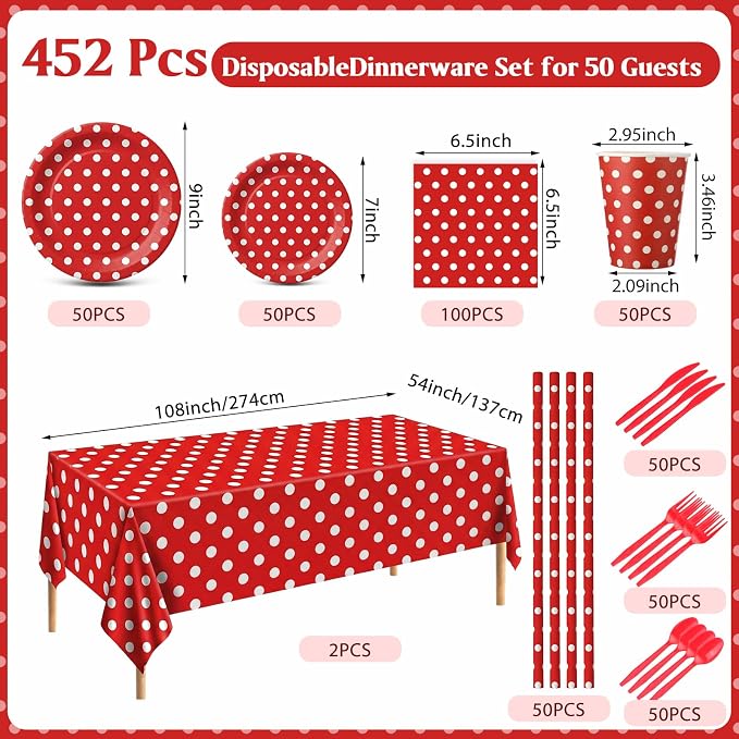 Funnymoom 452 Pcs Red Polka Dot Party Supplies for 50, Red and White Polka Dot Paper Plates Napkins Cups Tablecloth Cutlery Straws for Mouse Birthday Carnival Family Picnic Barbecue Party Decoration