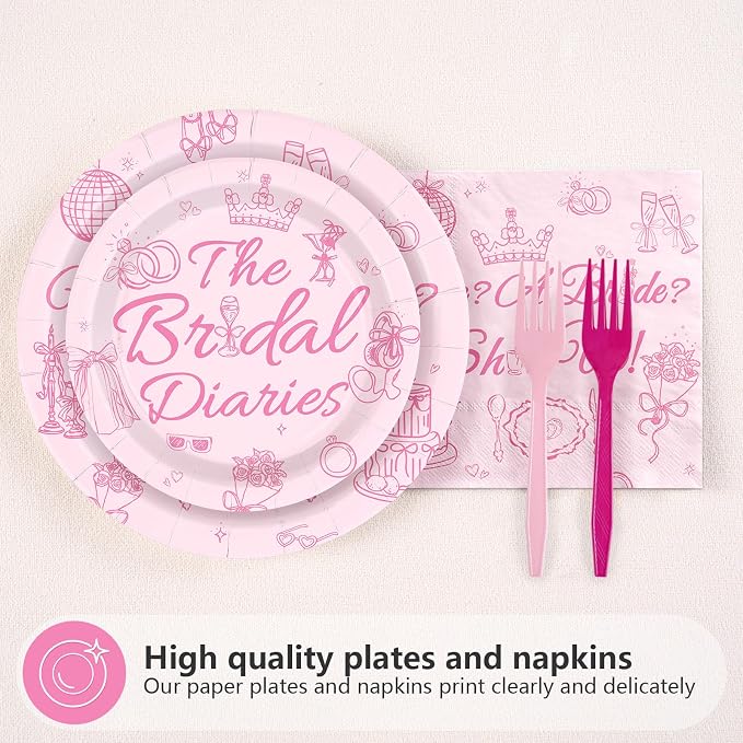 96Pcs Princess Bachelorette Party Decoration Me A Bride Shut Up Plates and Napkins Pink Diaries Funny Bridal Shower Tableware Set for Princess Wedding Bridal Shower Party Supplies Serves 24
