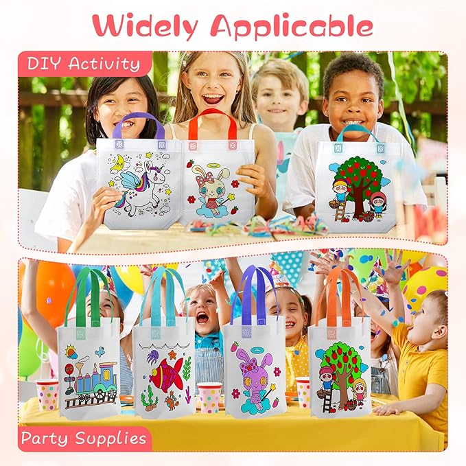 BBTO 100 Pcs Coloring Goodie Bags Cute Cartoon Reusable Party Favor Paint Non Woven Goodie Bags for Kids Birthday Party Art DIY Crafts Supplies, 20 Styles