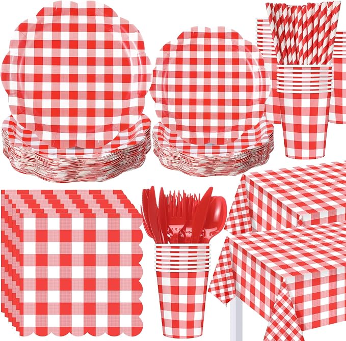 Funnymoom 452 Pcs Red Gingham Party Supplies for 50, Red and White Gingham Checkered Paper Plates Napkins Cups Tablecloth Cutlery Straws for Birthday Family Picnic Camping Barbecue Party Decoration