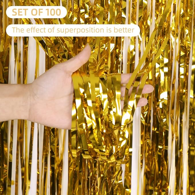 100 Pack Gold Foil Fringe Backdrop Curtains 3.2ft x 8.2ft Gold Tinsel Foil Fringe Curtains for Birthday Party Decorations Photo Booth Backdrop for Halloween Christmas New Year Holiday Decorations