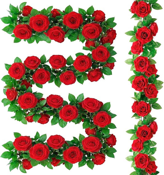 Suncalla 10 Pack 82ft Rose Garland Artificial Rose Flowers Vine with Green Leaves Hanging Fake Floral Garland Vine for Wedding Birthday Wall Garden Table Centerpiece Room Arch Decor(Red Color)