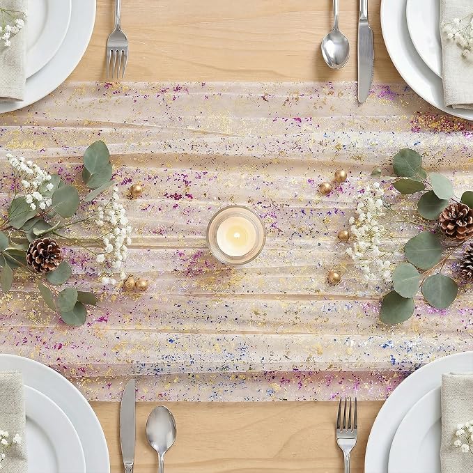 Artoid Mode Colorful Gold Gauze Table Runner 59x120 Inch 10FT, Glitter Metallic Foil Sheer Dining Wedding Anniversary Holiday Birthday Table Decor for Home Party