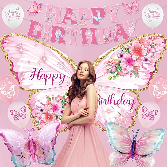 Roetyce Butterfly Birthday Decorations Girls, Pink Happy Birthday Banner Backdrop Balloons Hanging Swirls Cake Topper Kit for Home Party, Women Butterfly Themed Party Suppiles Photo Background